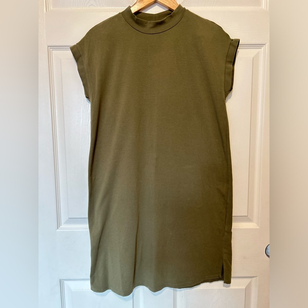 Eileen Fisher | Traceable Organic Cotton Stretch Mock Neck Dress in Olive - Picture 10 of 11